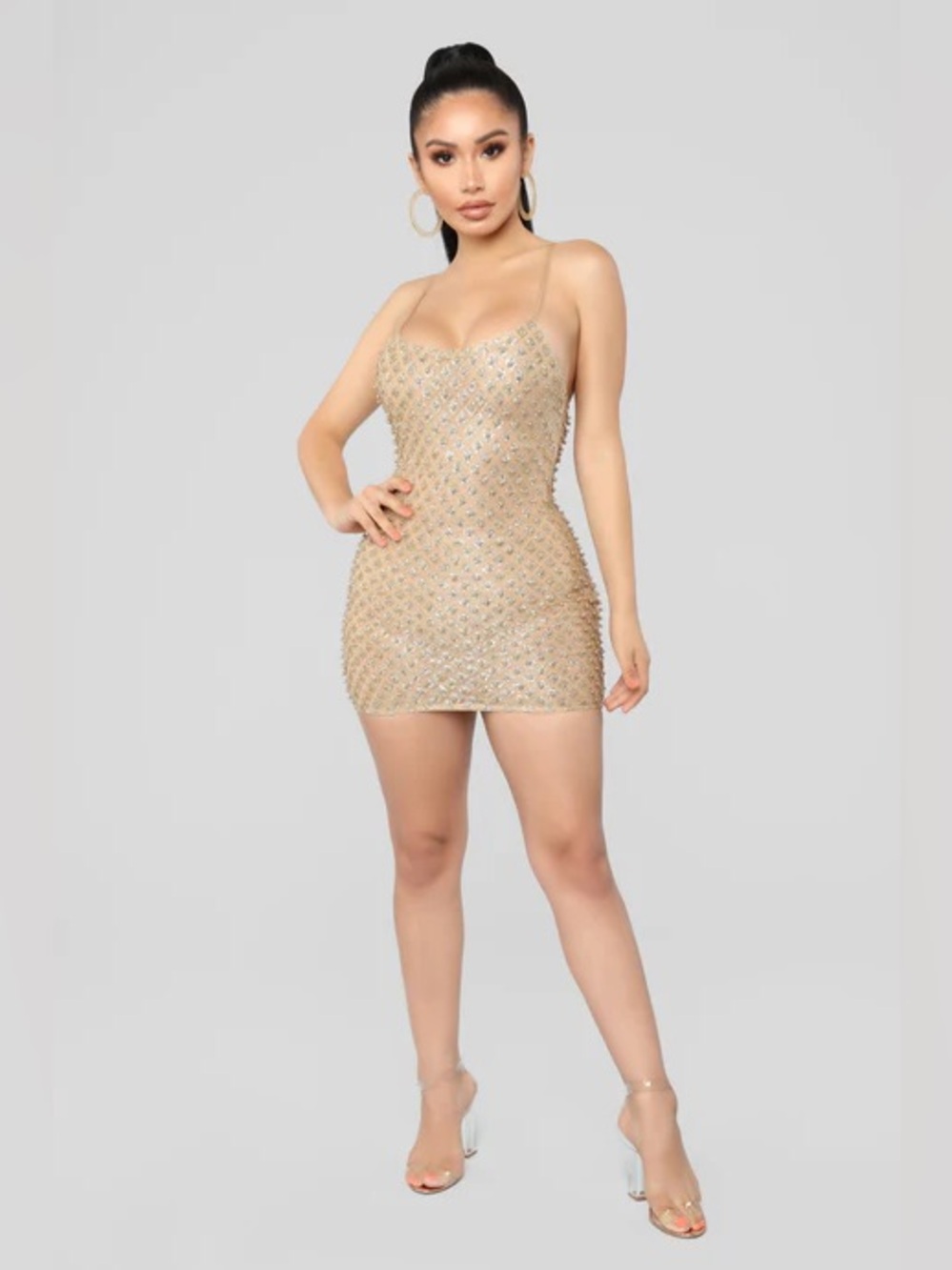 Fashion Nova Gold Glitter Bead Adjustable Spaghetti Straps Mini Dress